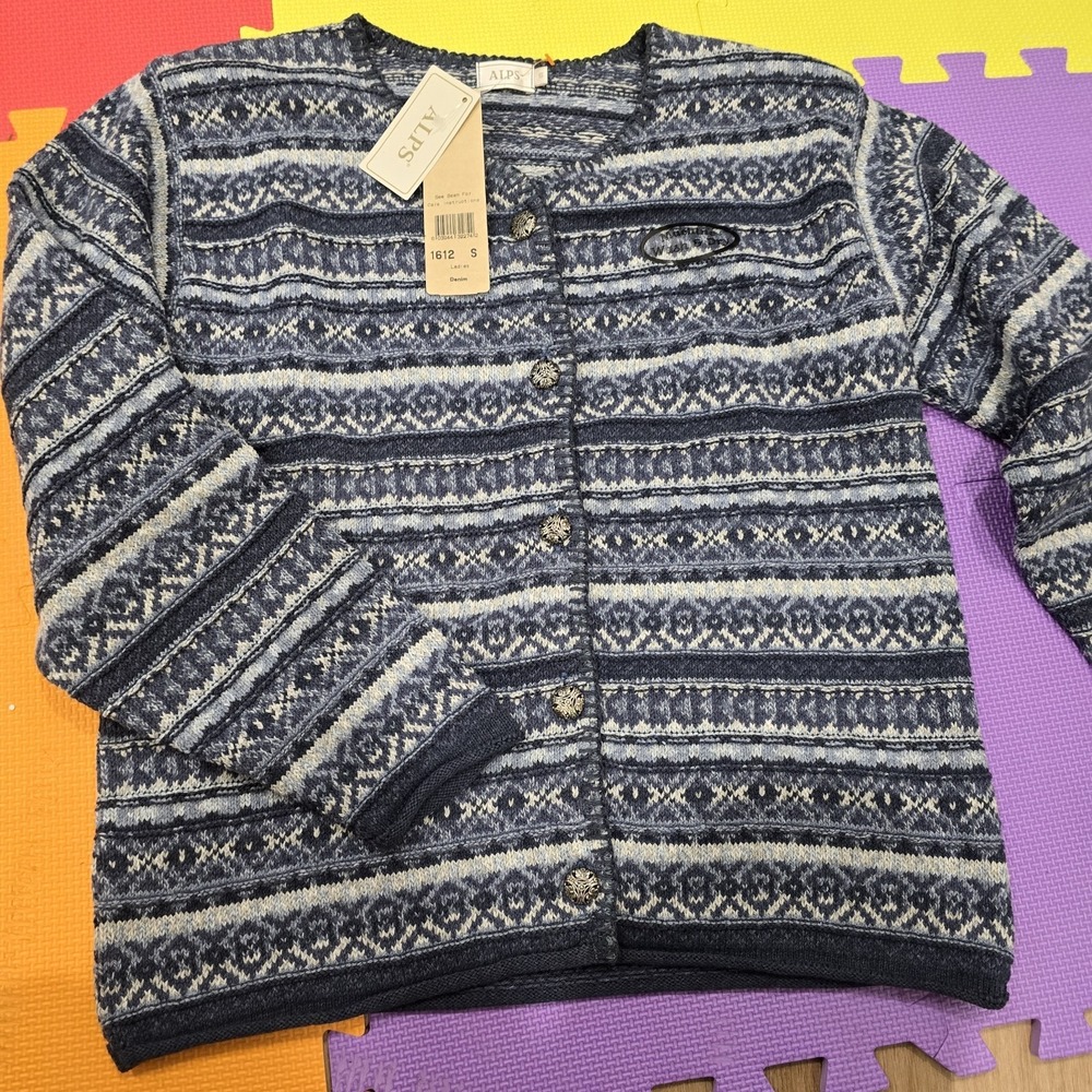 Alps Sportswear Women's Fair Isle Cardigan Sweater Blue Cotton Blend Size‎ S NWT